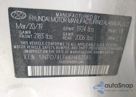 2019 Hyundai Elantra Se z USA, uszkodzony, nr VIN 5NPD74LF6KH482581